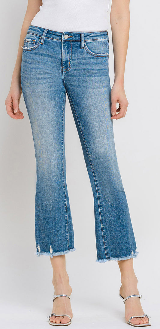 3RD RESTOCK! Mid rise medium wash crop mini bootcut jeans with stretch and tummy control