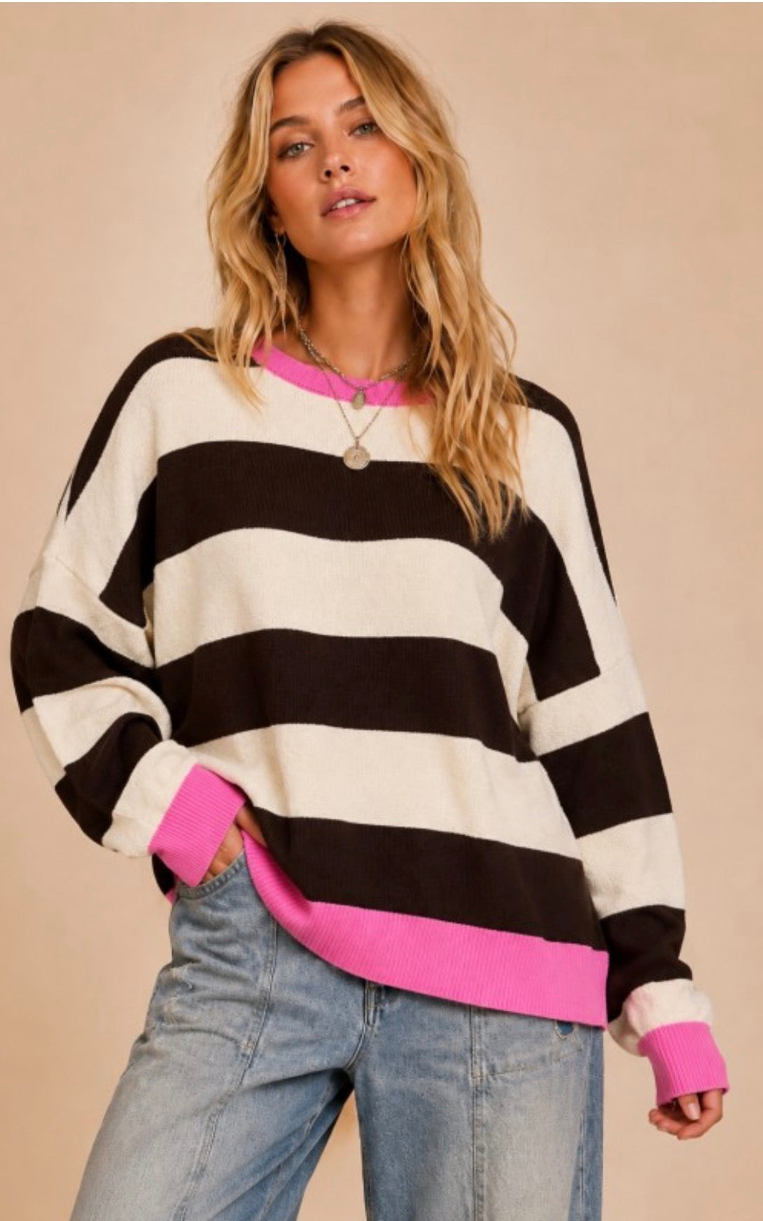PREORDER NOW, Arriving Thursday…Brown/Pink stripe knit top