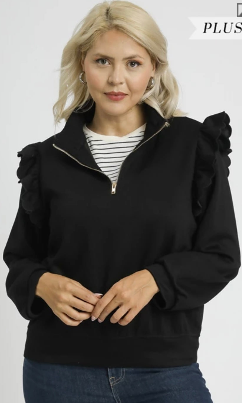 Plus size black ruffle shoulder quarter zip