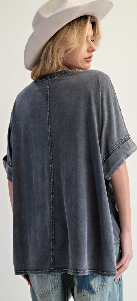 Dark grey top with lace flower patch