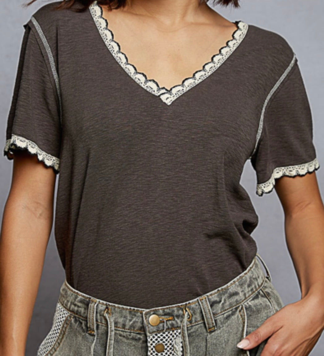 PREORDER NOW, Arriving Thursday…Grey v neck with white scallop trim