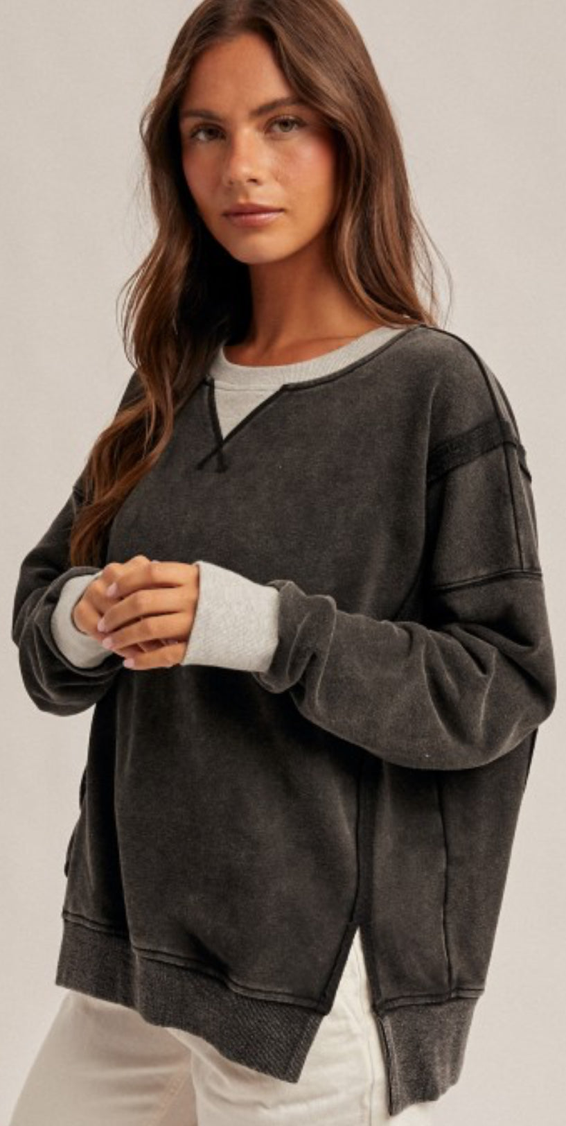 Black crew neck sweatshirt with grey inserts