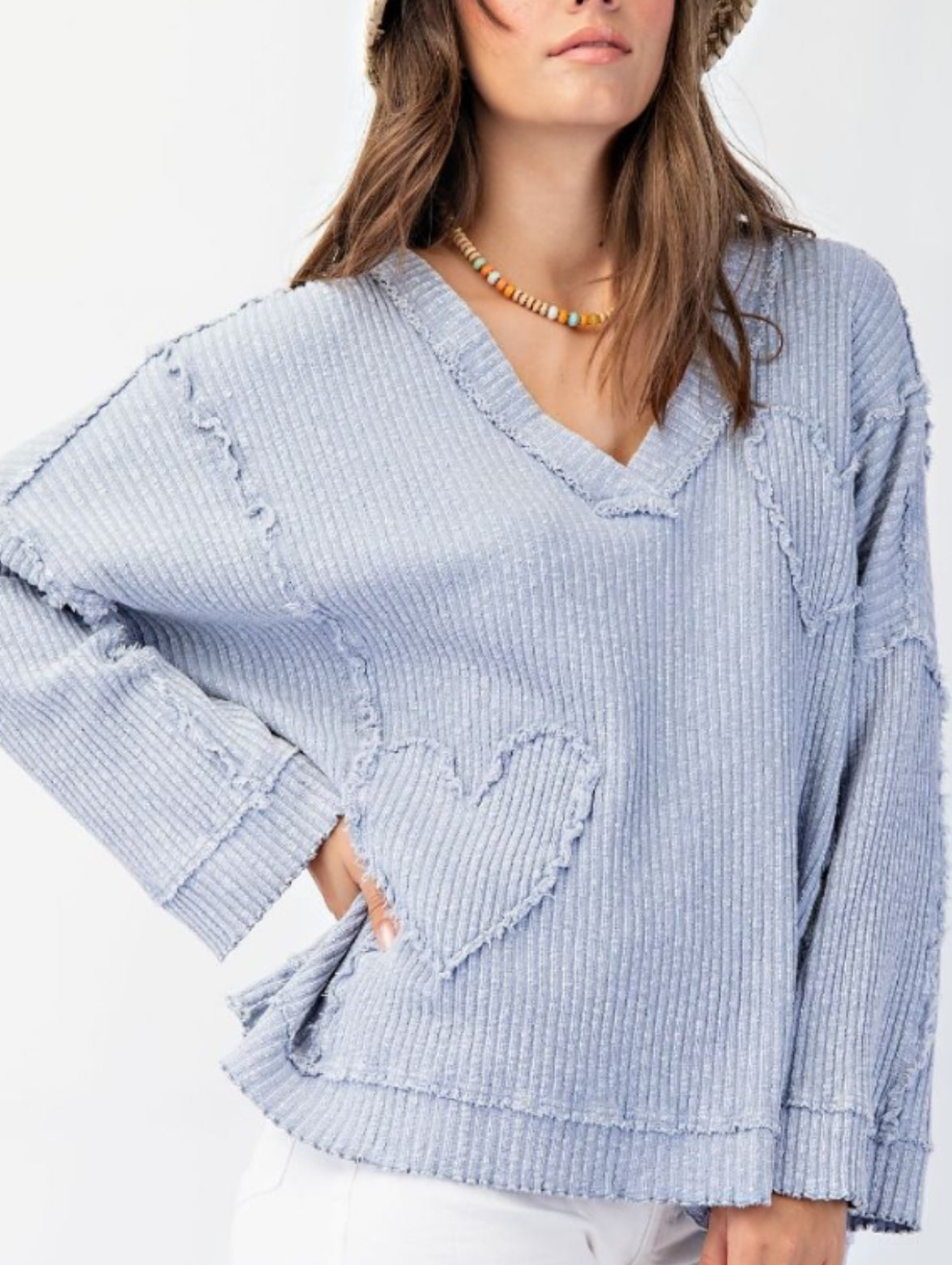 Light blue soft rib knit boxy top with tonal hearts (also available in plus size)