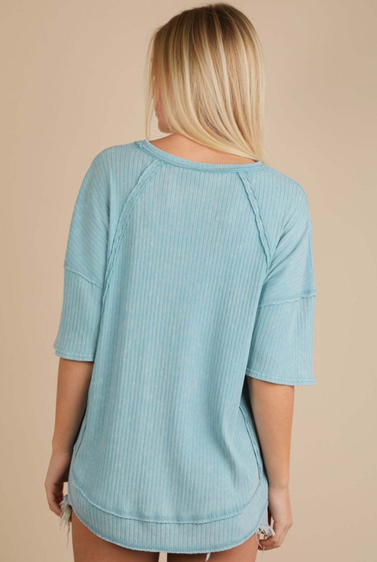 Blue ribbed crew neck top