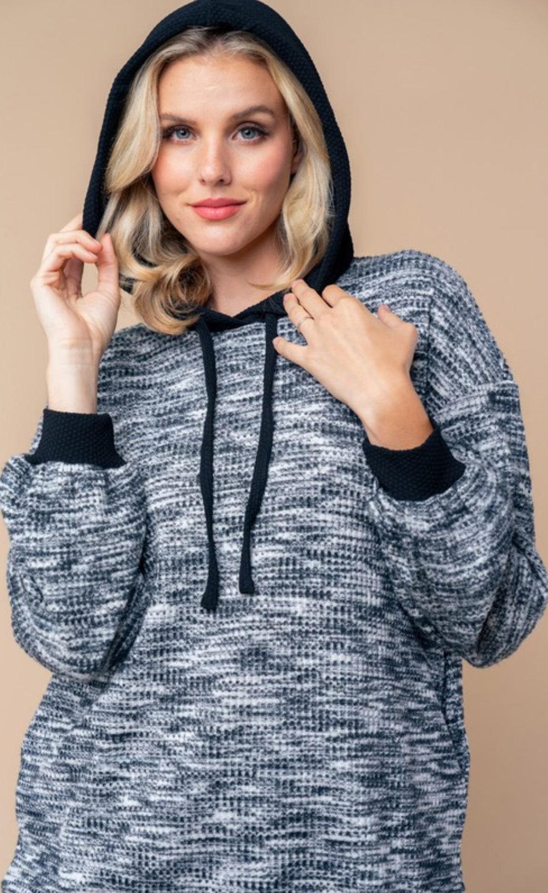 Black/white soft knit loose fit hoodie with black trim (also available in plus size)