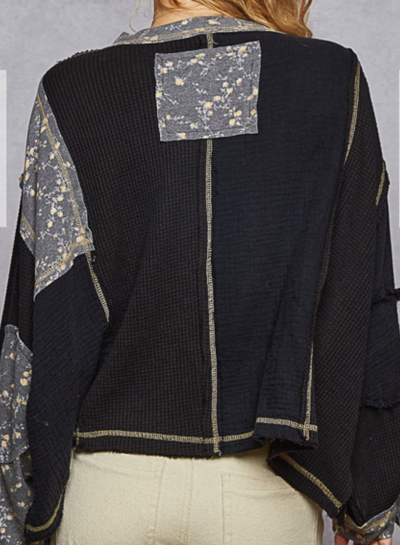 Black waffle henley with floral mix peace sign & daisy