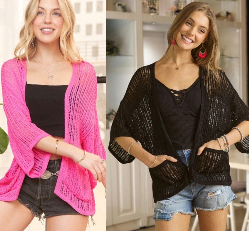 Pink and black crochet open cardigans with pockets, great over a tank or a dress!