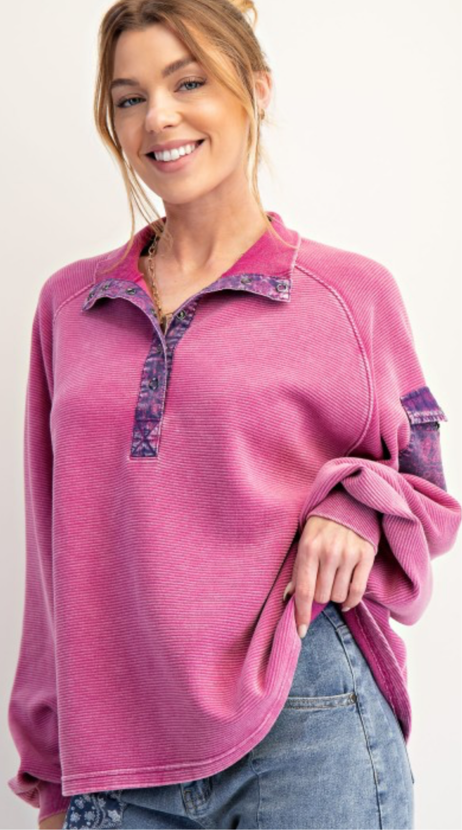 Orchid ribbed henley top with purple trim and sleeve pocket