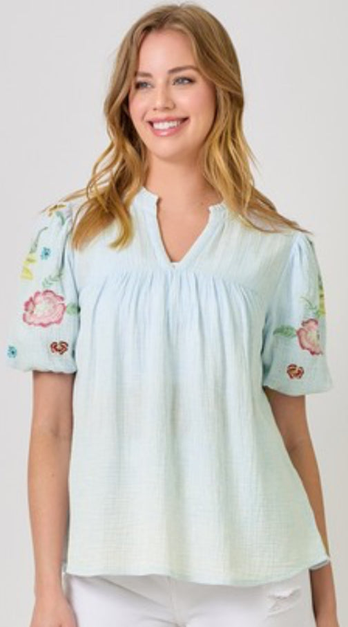 Blue top with floral embroidered sleeves