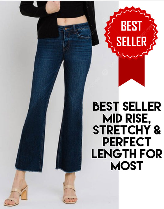 Mid rise dark kick flare with stretch, BEST SELLER RESTOCKED AGAIN!