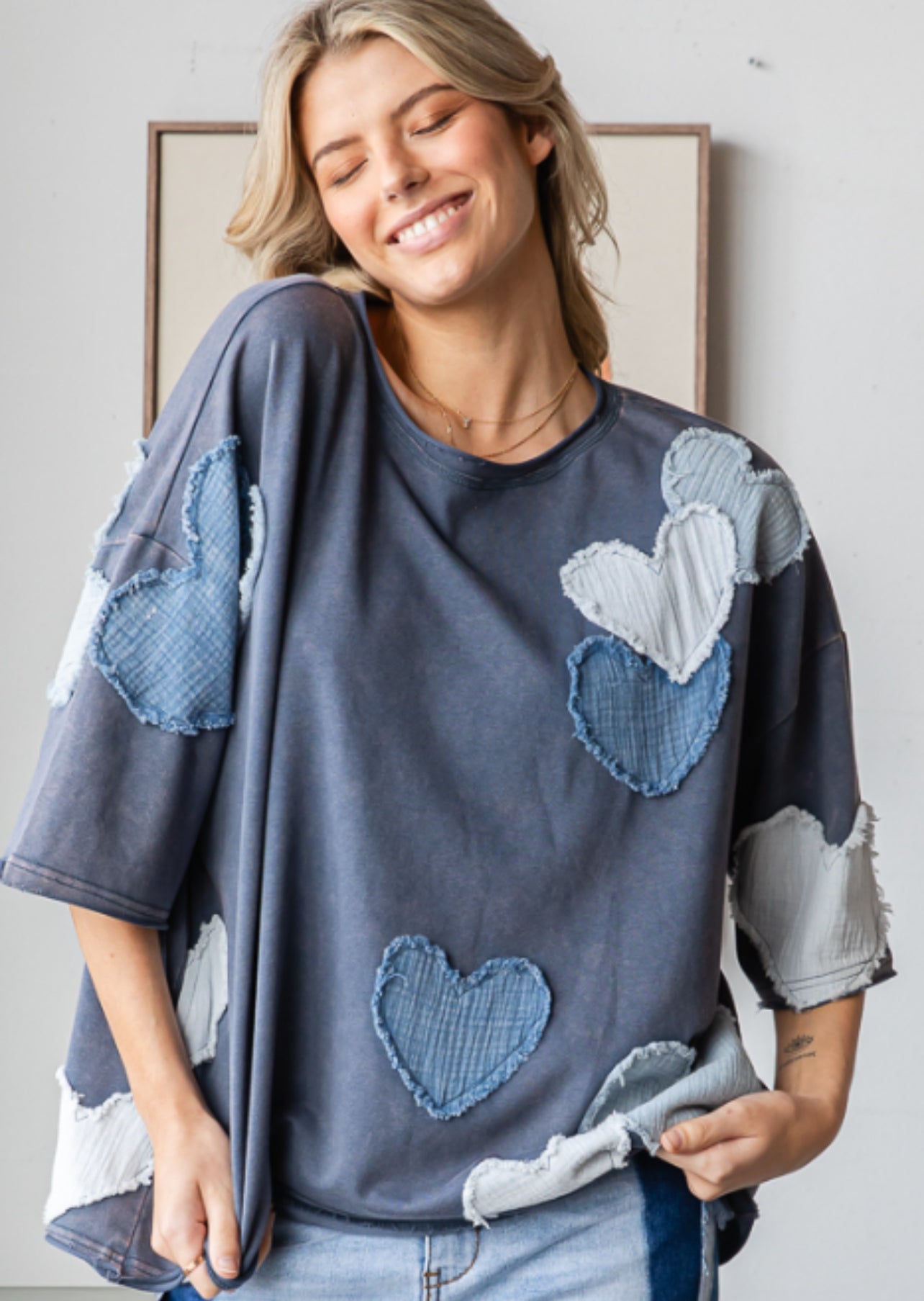 Blue oversized top with gauze heart patches all over (available up to size 1X/2X)