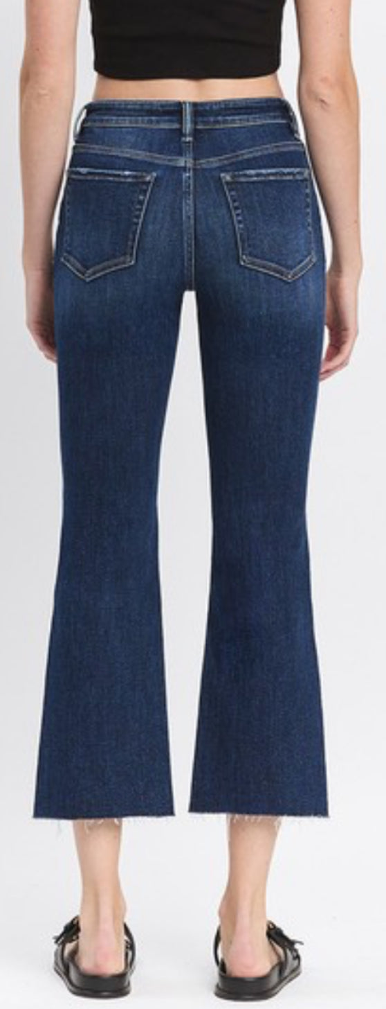 Dark raw hem kick flare jeans with stretch