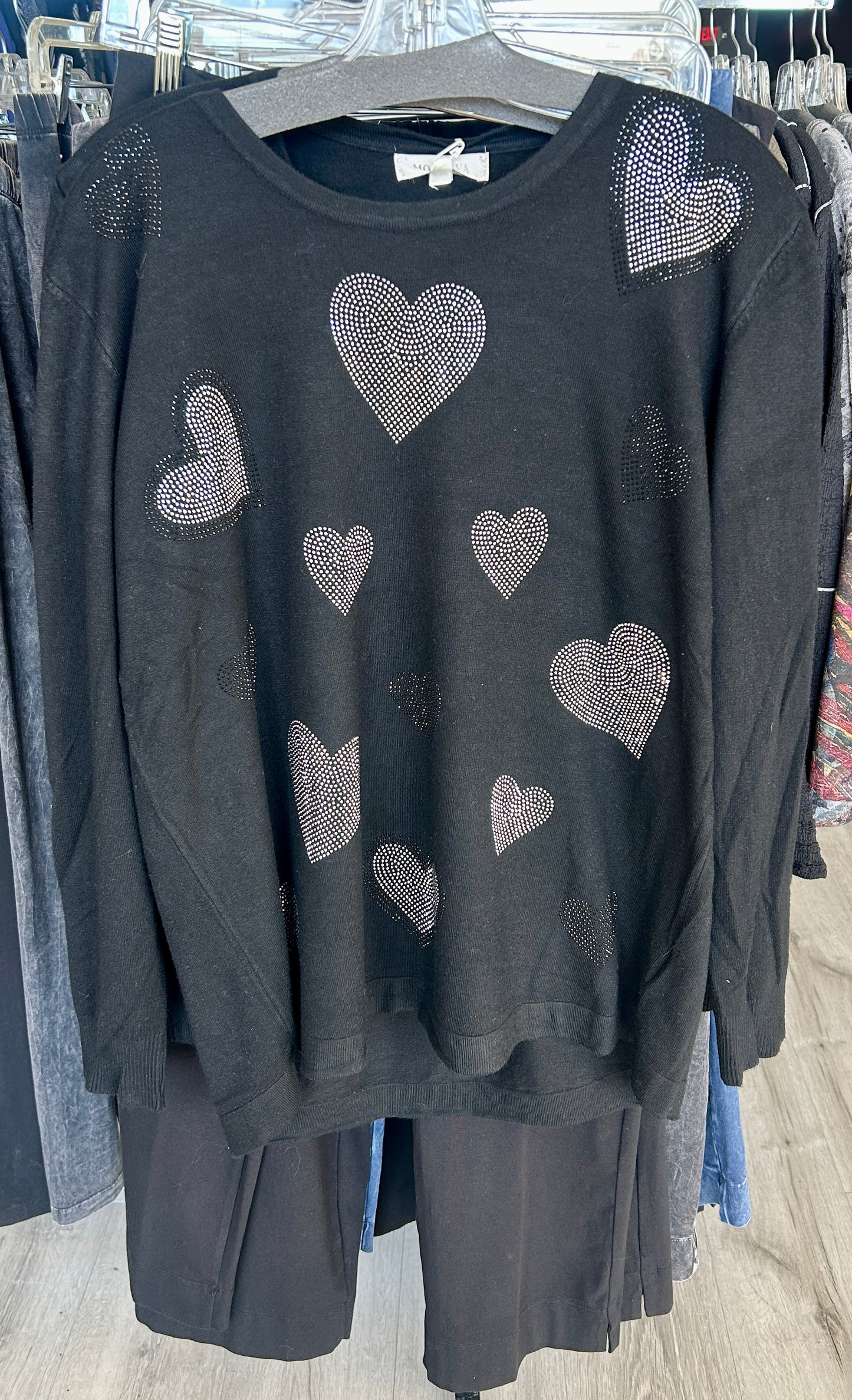 Black soft knit top with crystal hearts