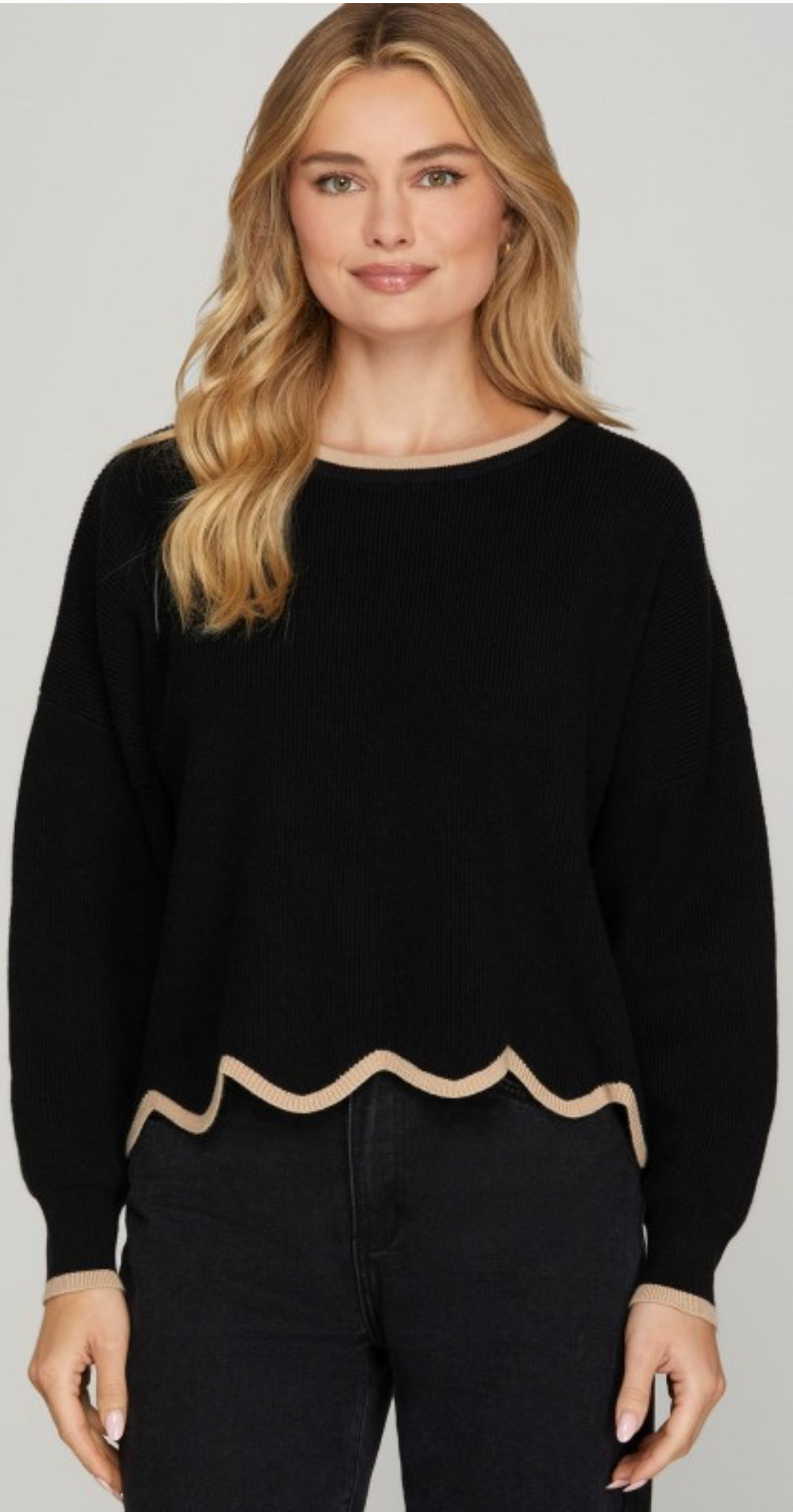 Black sweater with mocha scallop bottom