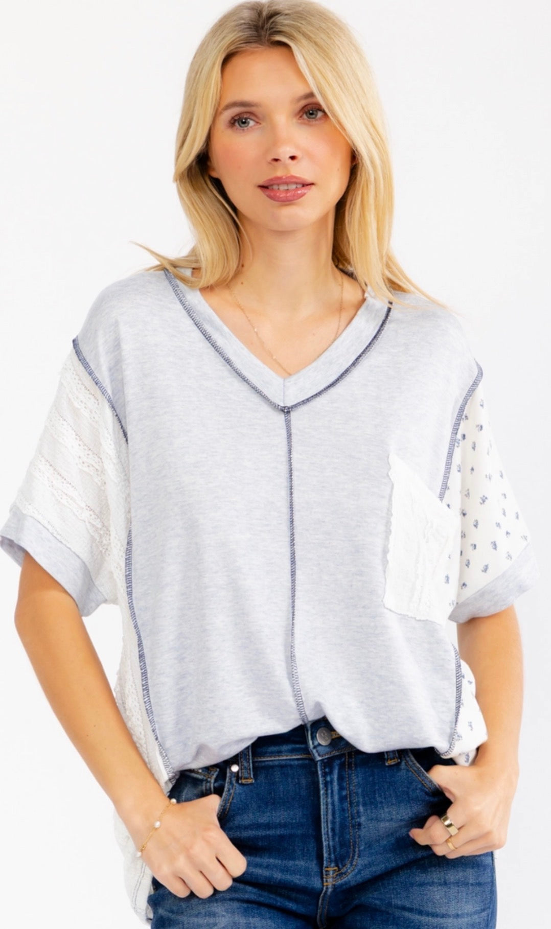 Lightweight v neck tee with crochet and floral inserts