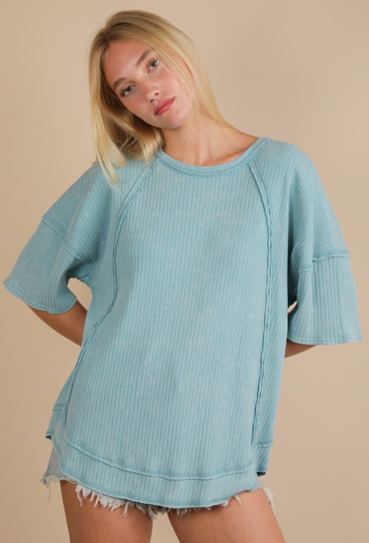 Blue ribbed crew neck top