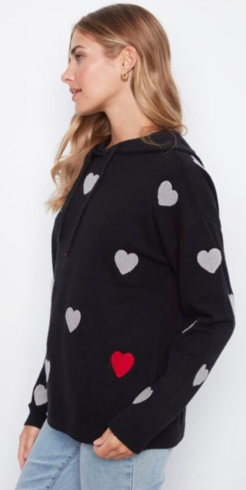 Charlie B black soft sweater knit hoodie with hearts all over, available XS through XXL
