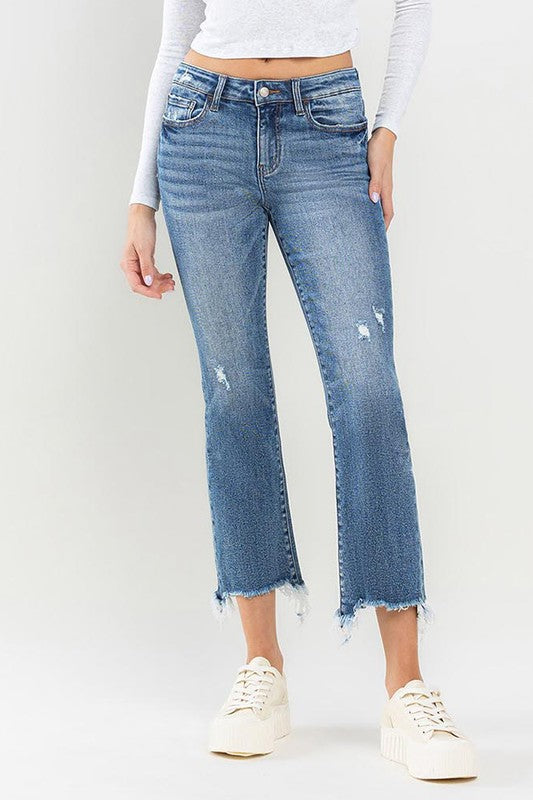 Mid rise ankle bootcut stretch crop jeans with distressing