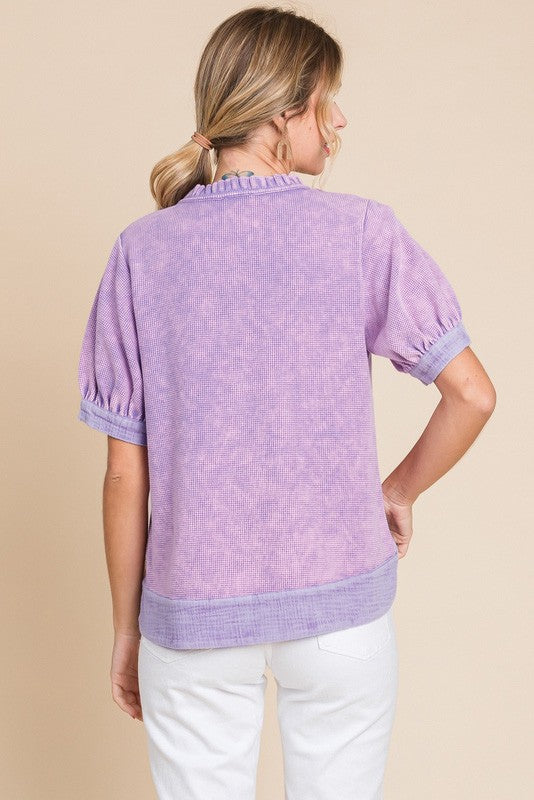 Lilac waffle henley with puff shoulder