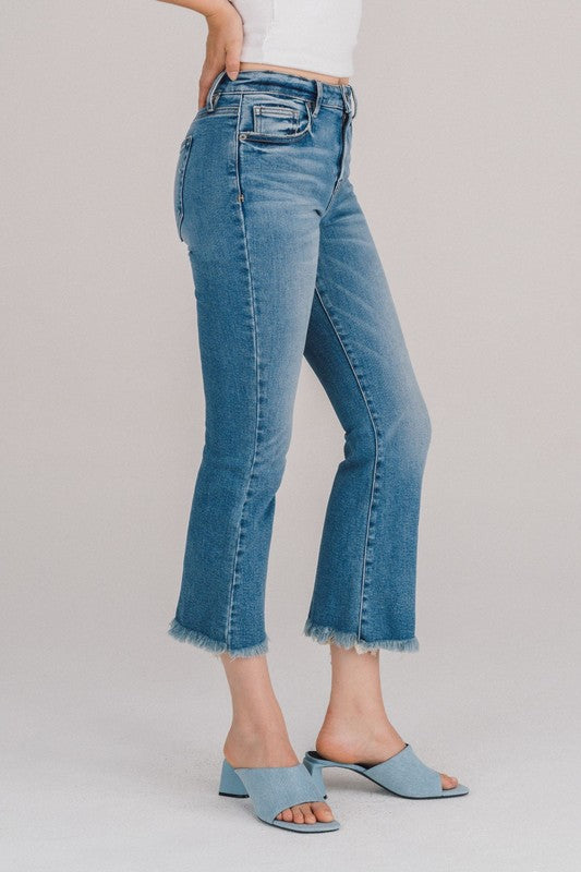 Hidden medium wash frayed hem crop flare jeans
