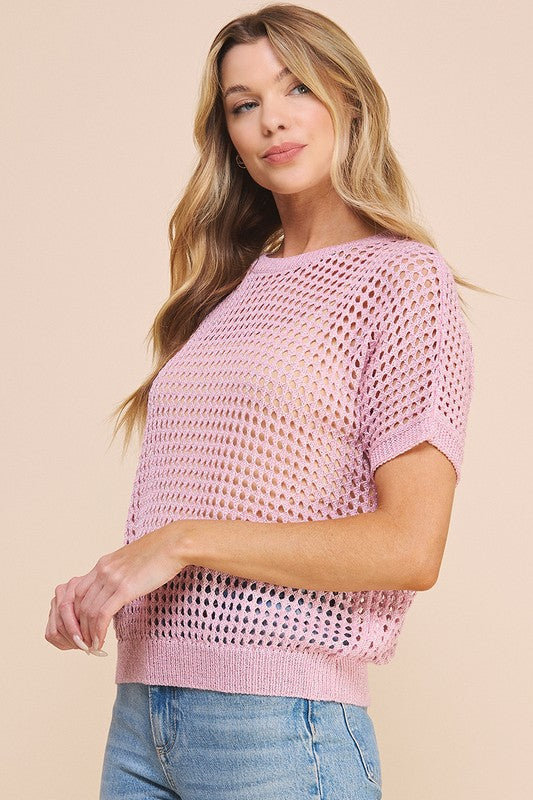 Pink foil knit crochet short sleeve top