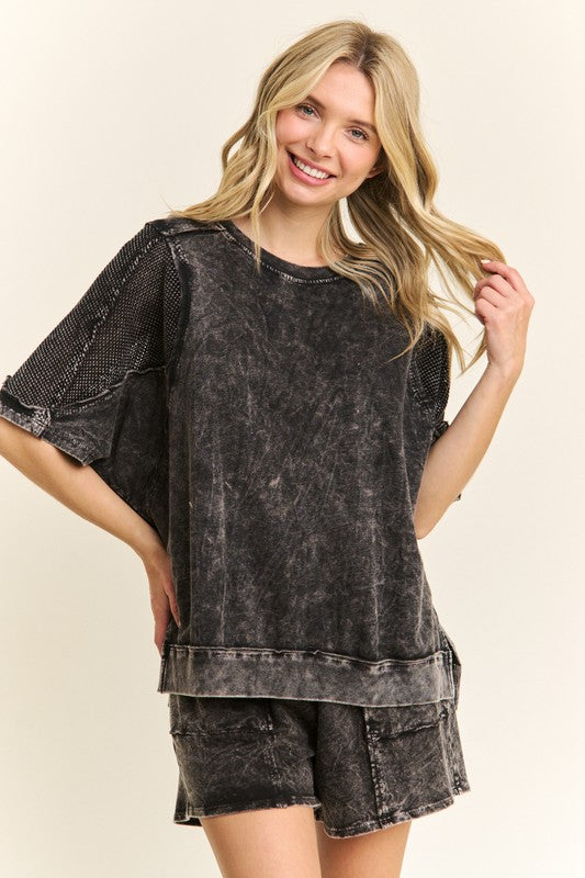 PREORDER NOW, Arriving Wednesday...Black mineral wash loose fit top with mesh detail on sleeves