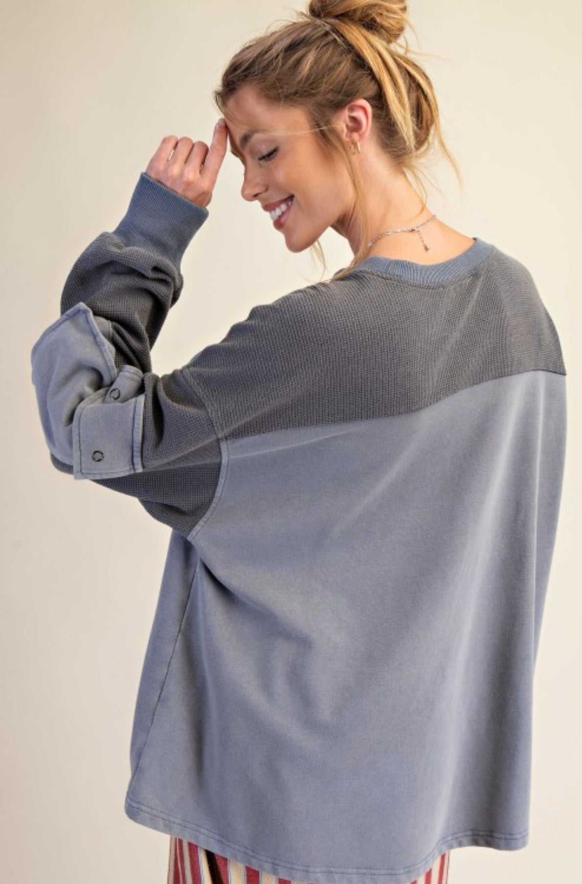 Blue loose fit top with roses heart and cargo pockets on sleeves