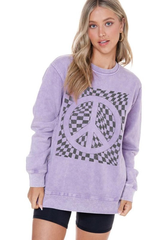 Lavender sweatshirt with checkered peace sign