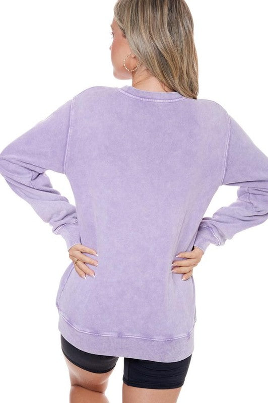 Lavender sweatshirt with checkered peace sign
