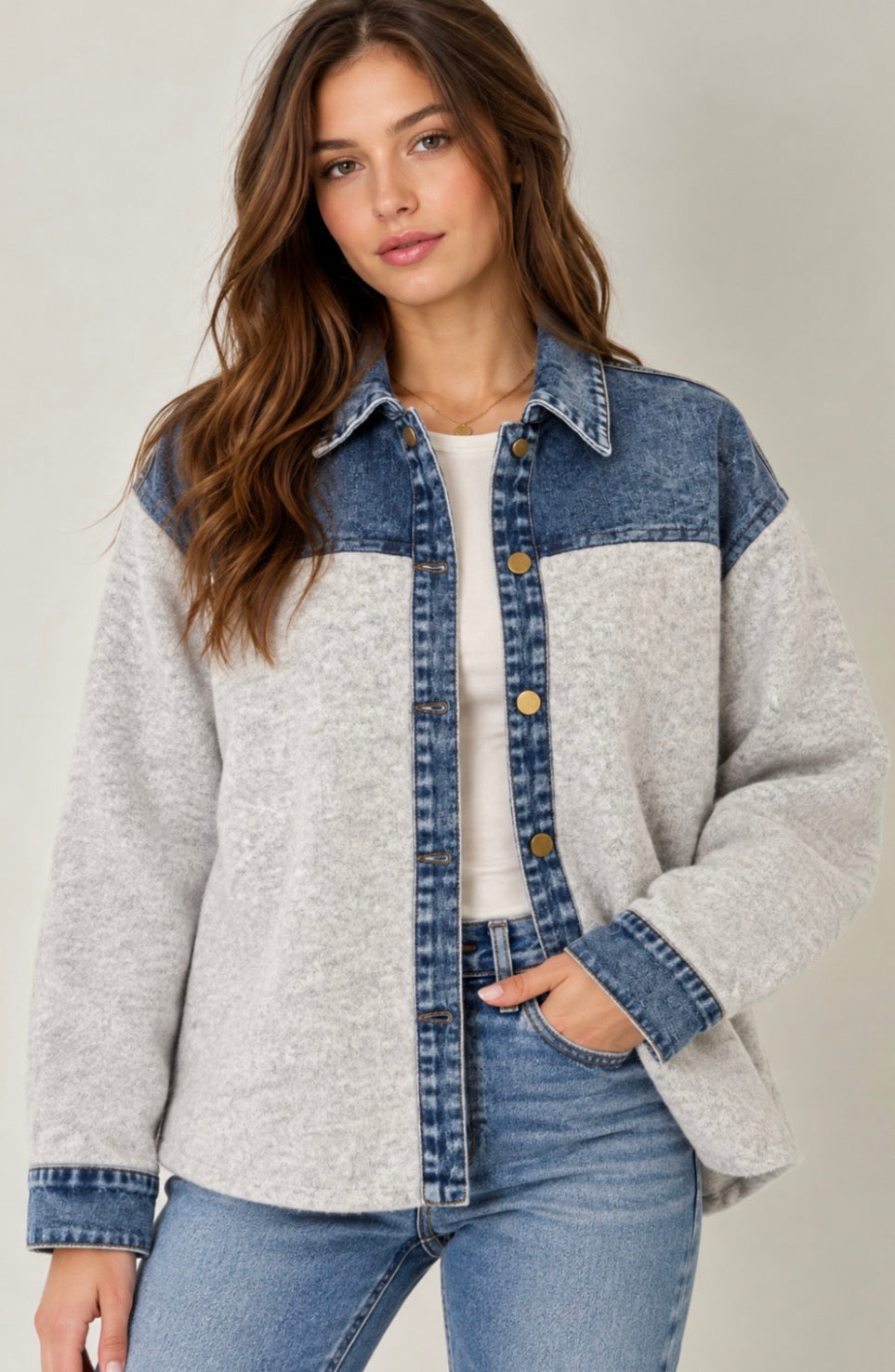Heather grey loose fit sweater knit shacket with denim trim