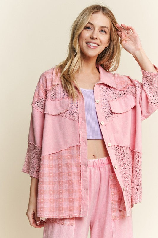 Pink loose fit short sleeve shacket with lace and crochet