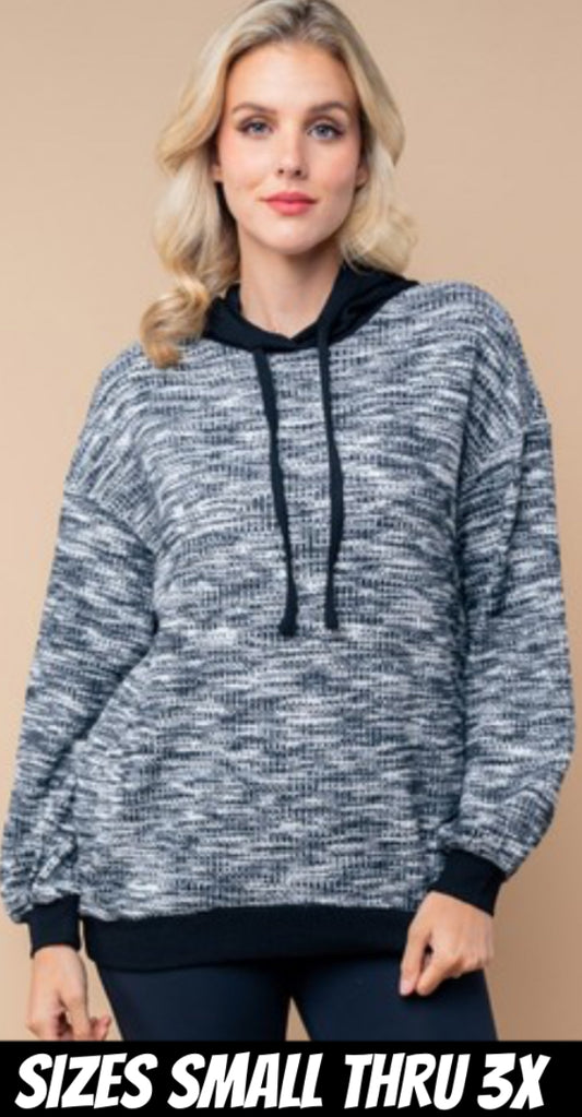 Black/white soft knit loose fit hoodie with black trim (also available in plus size)