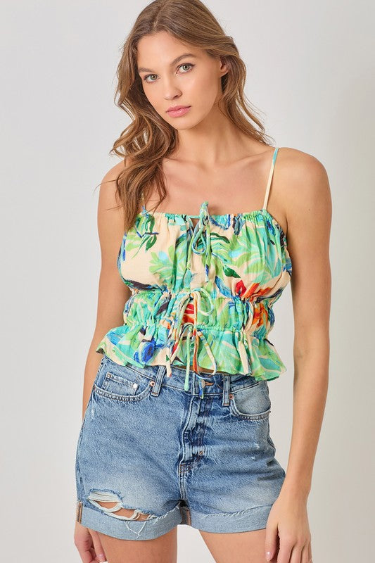 Multi print tie front cami with adjustable straps