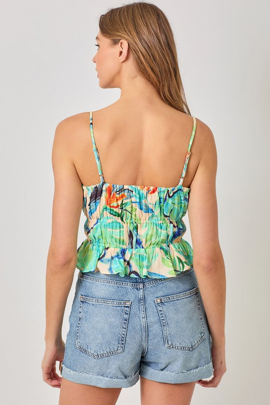Multi floral print tie front cami with adjustable straps