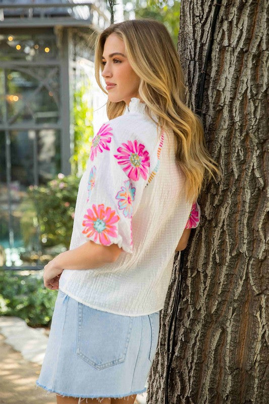 THML embroidered puff sleeve top