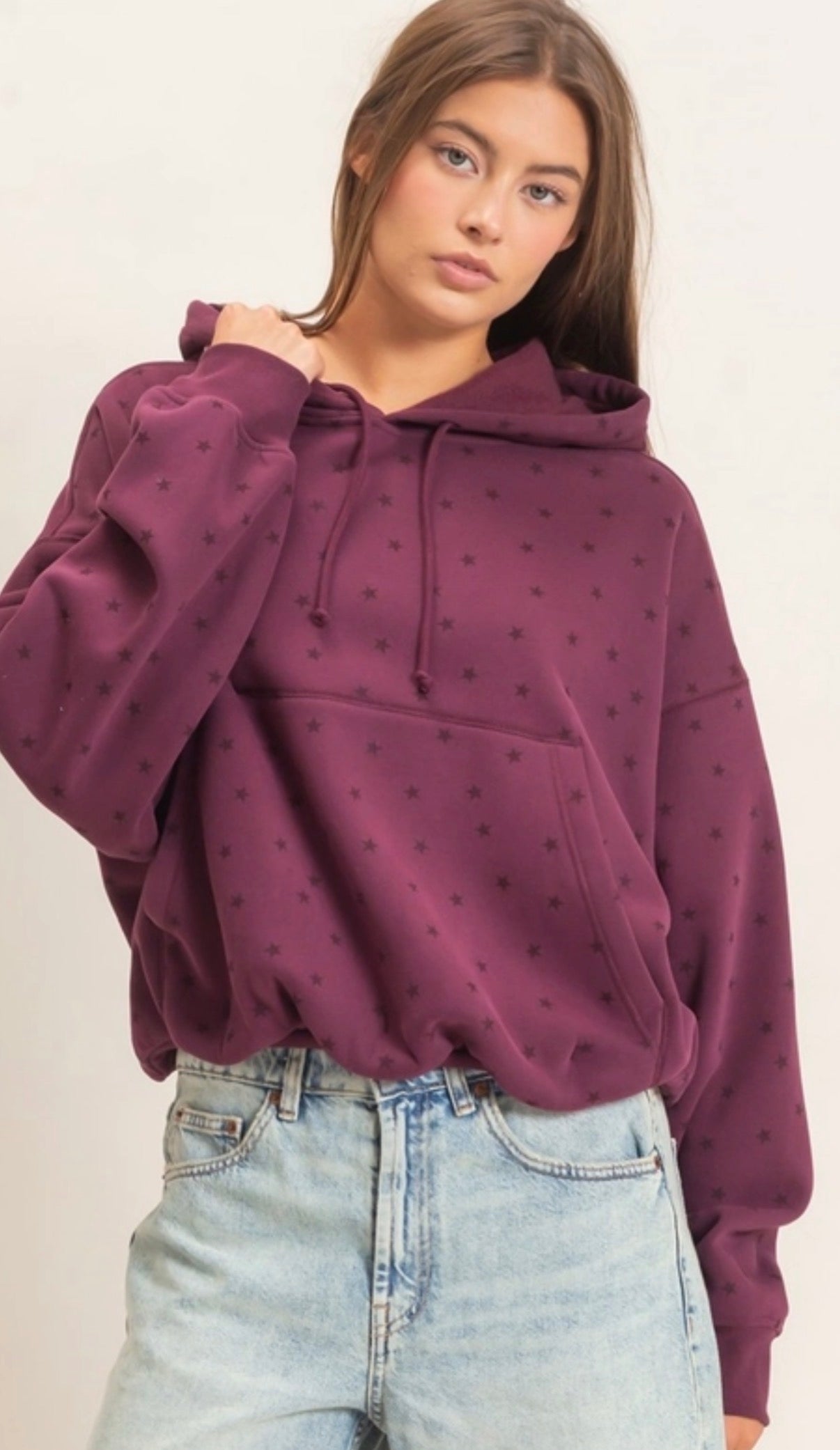 Mini stars hoodie in burgundy with bubble hem