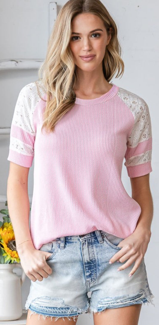 Pink ribbed top with lace sleeve detail, available up to XL