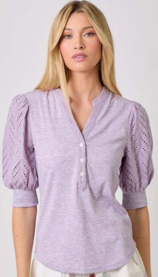 Lilac henley with eyelet sleeves