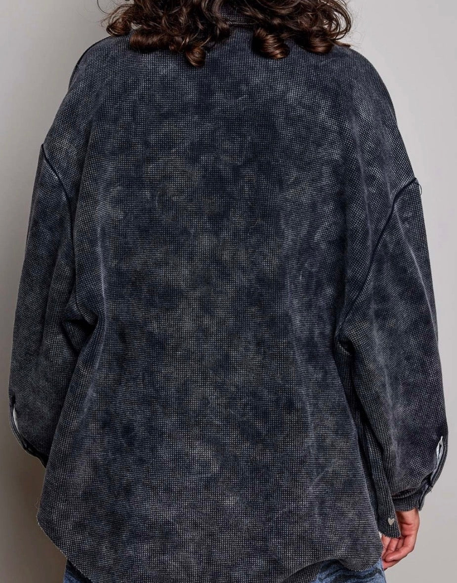 PREORDER NOW, Arriving Friday…Black loose fit waffle shacket with silver hearts all over