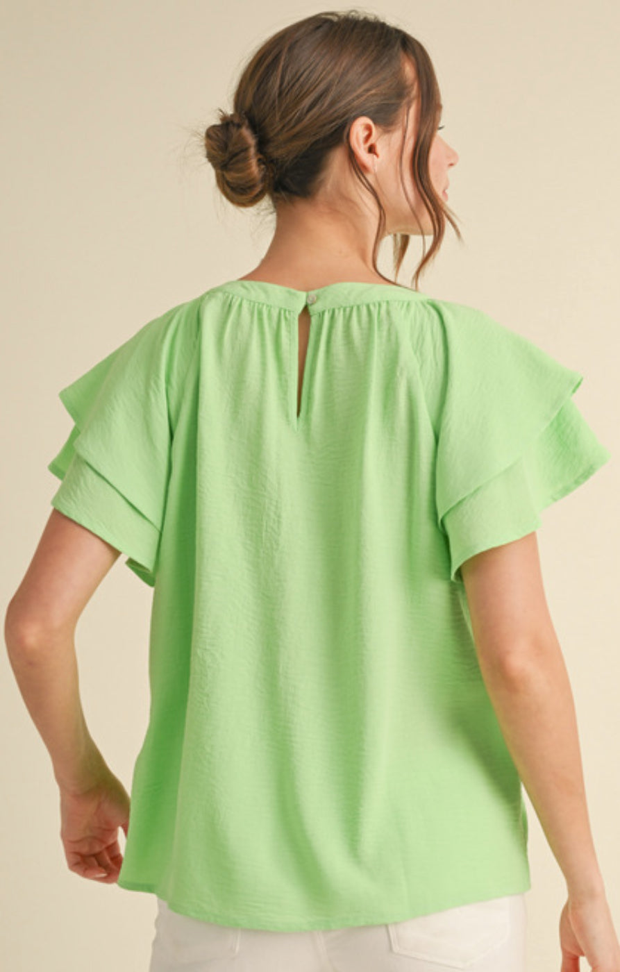 Neon lime lightweight airflow material flounce sleeve top