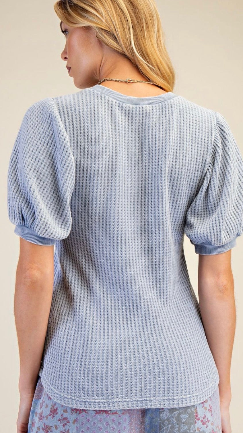 Blue waffle henley with puff shoulders