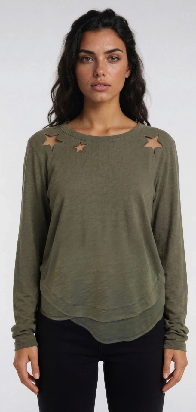 CHRLDR green long sleeve tee with mesh cutout stars
