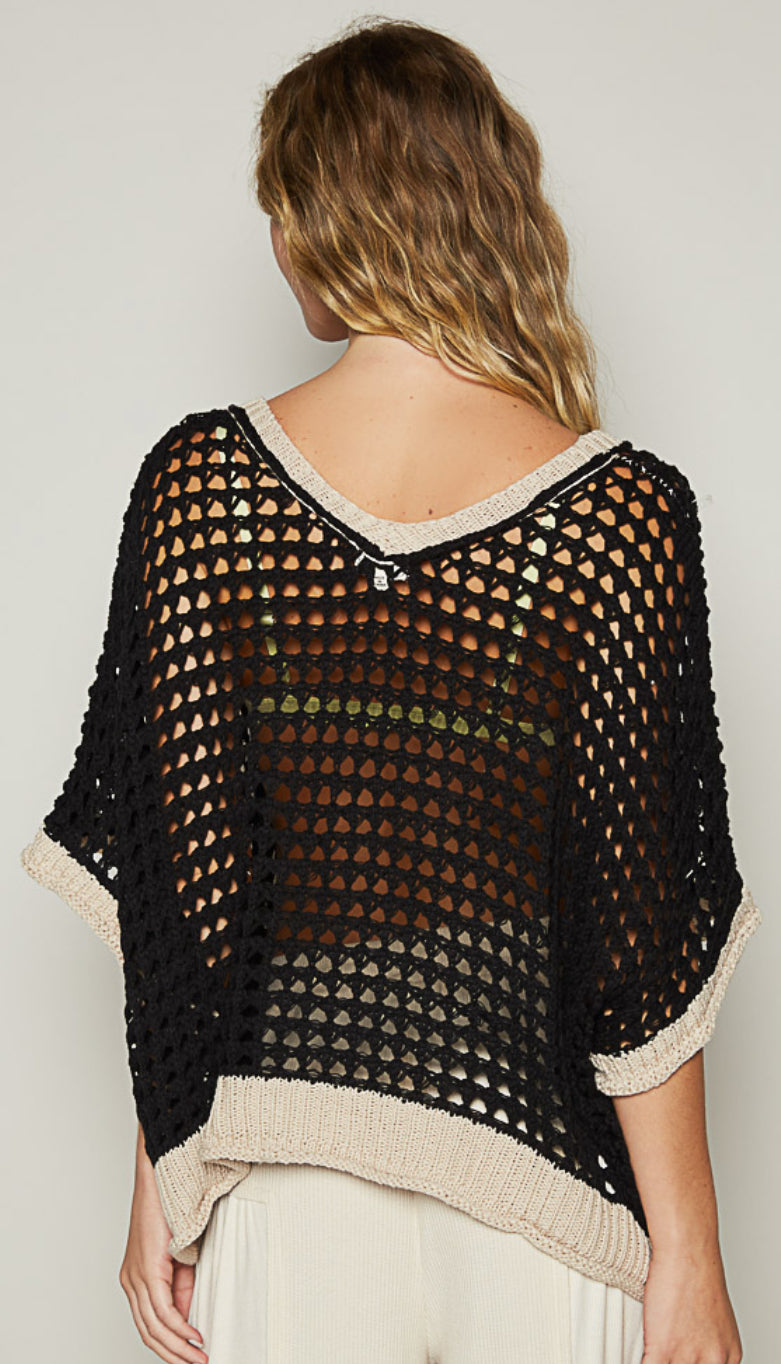 Black crochet loose fit top with peace sign