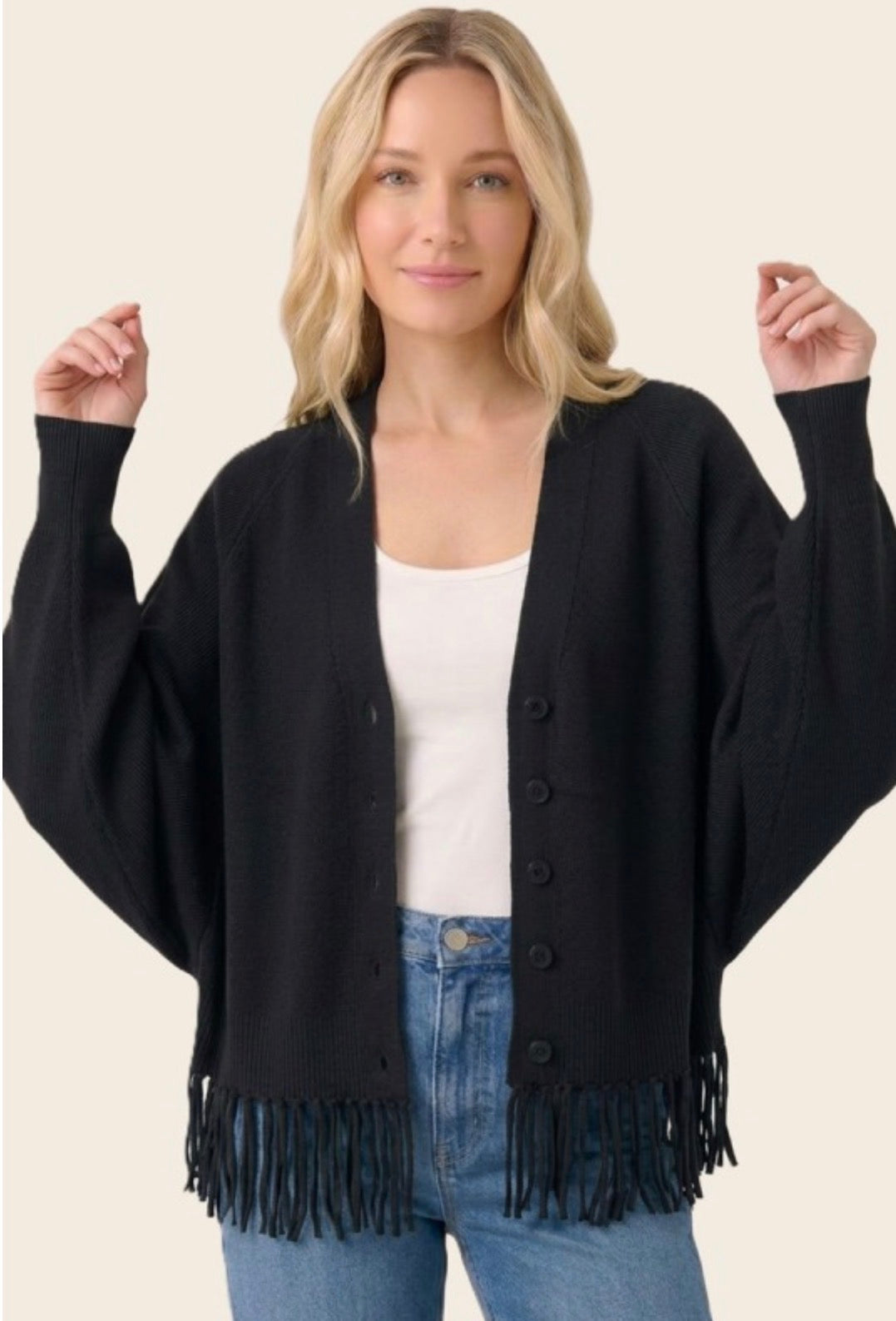 PREORDER NOW, Arriving Wednesday…Black soft knit fringe bottom cardigan