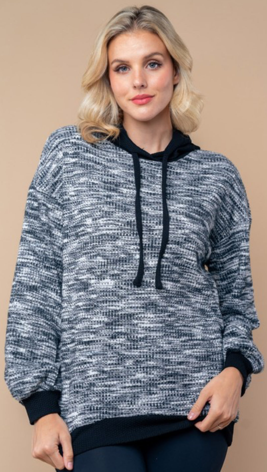 Black/white soft knit loose fit hoodie with black trim (also available in plus size)