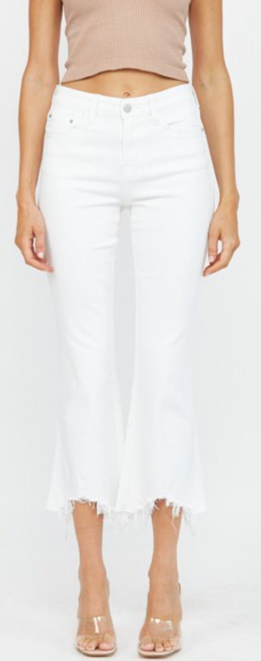 4TH RESTOCK! Mica white crop stretch jeans with fray bottom and uneven hem