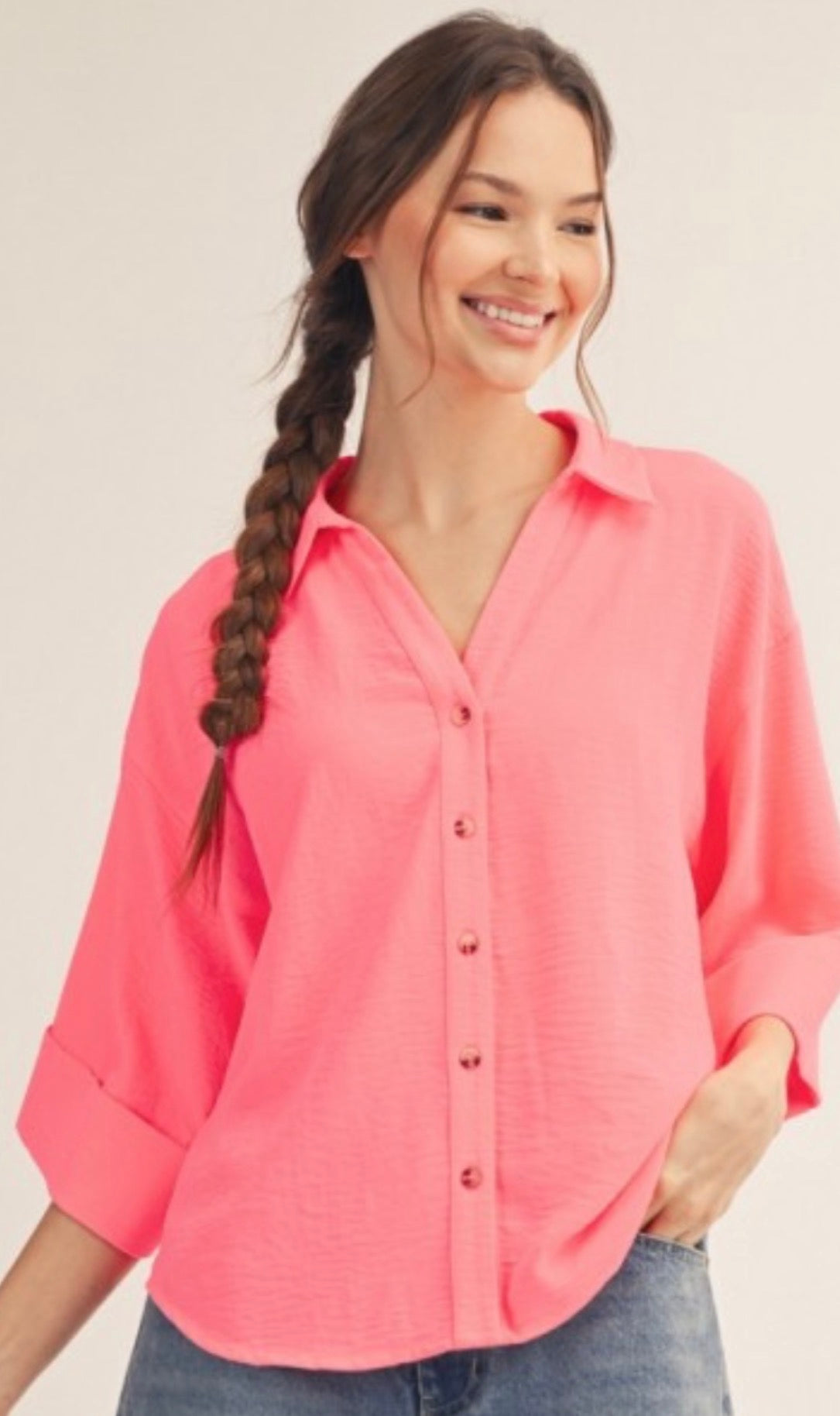 Neon coral soft airflow 3/4 sleeve blouse