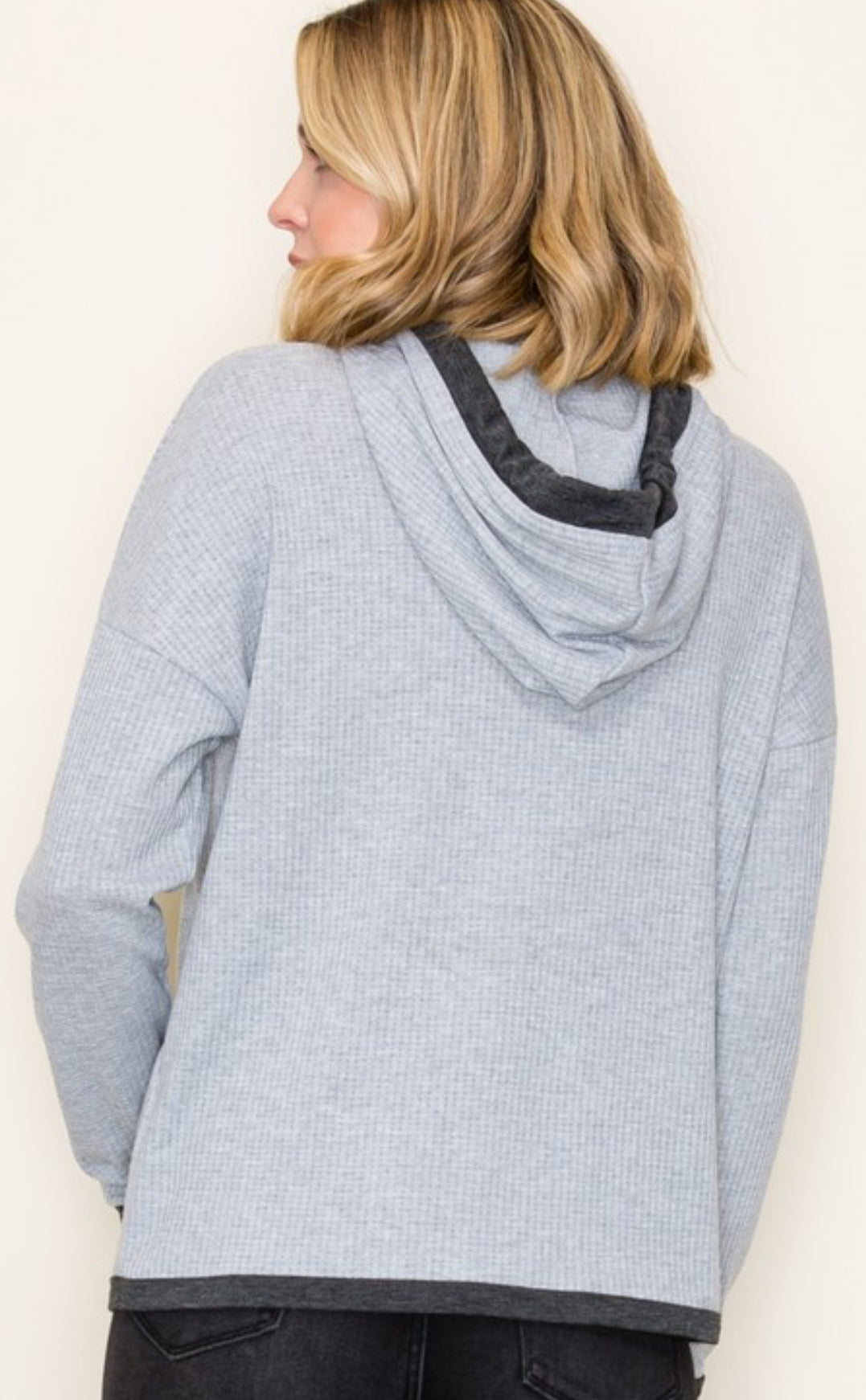 Grey soft knit waffle hoodie with charcoal strings & wrists