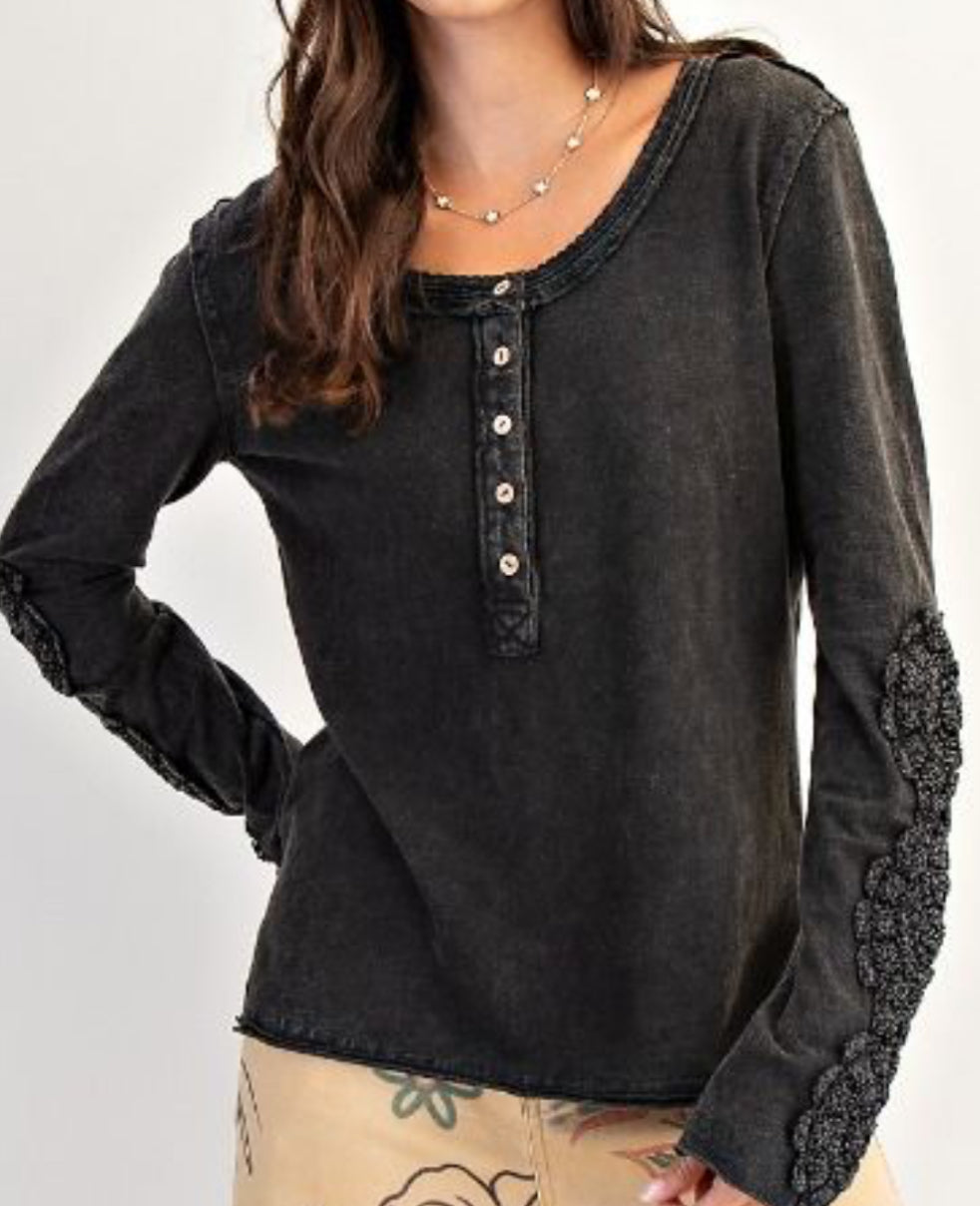 Black henley with crochet sleeves