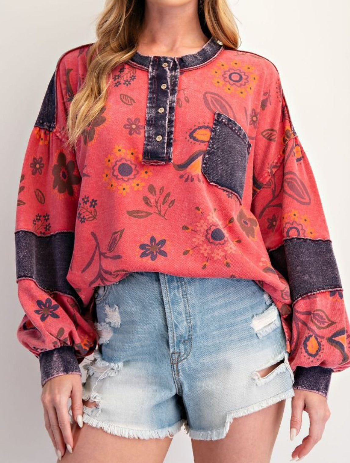 Boho red floral henley with denim trim